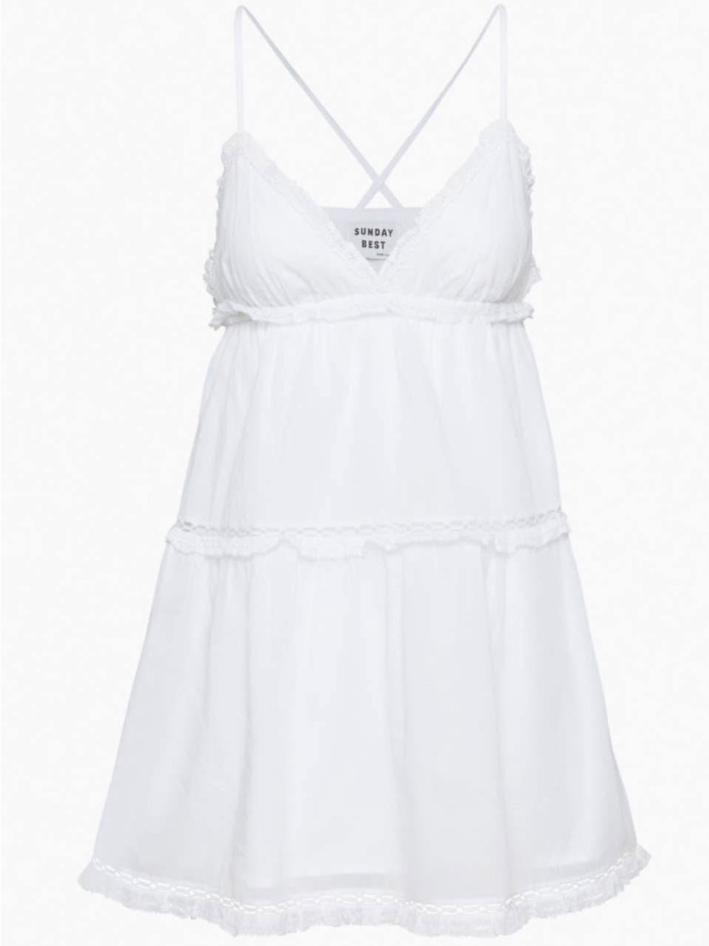 Aritzia White Lace-Trim Tiered Mini Dress with Crisscross Straps